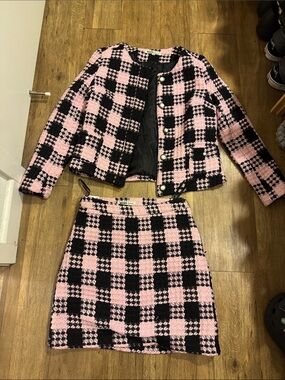 Women’s Pink & Black Plaid Tweed Jacket and Skirt Set